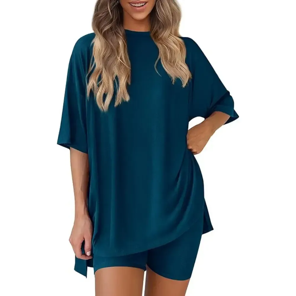 Crewneck Two-Piece Set For Women Summer Casual Oversized Split Hem Shirts