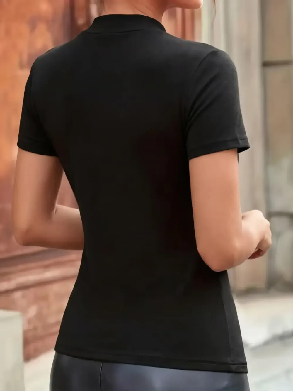 Women's Slim Fit Ruched Asymmetrical Top, High Neck Short Sleeve Knit T-Shirt, Casual Plain Design