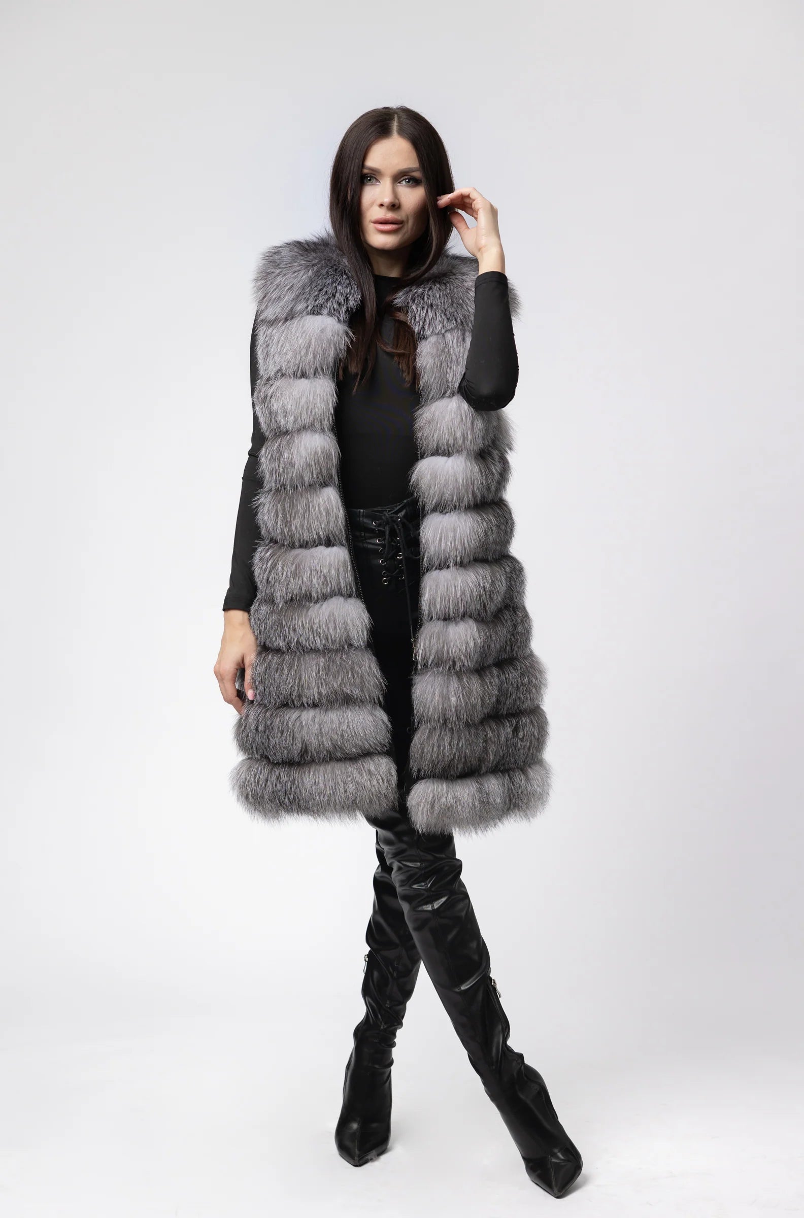 Haină din Blană Naturală de Vulpe, Femei, Transformabilă 6 în 1, Silver Grey 257