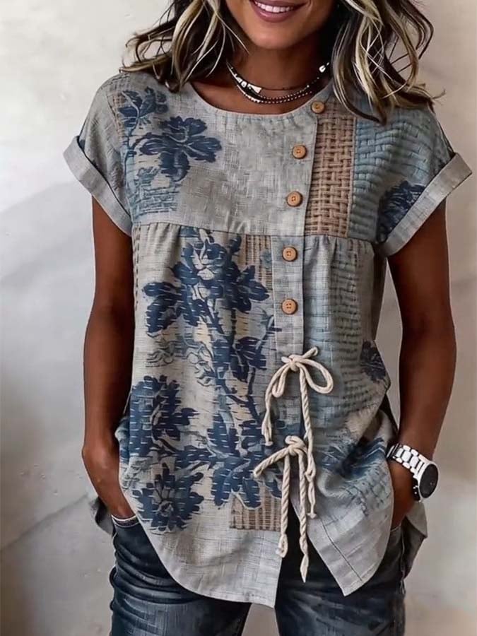 Women'S Casual Printed Tie-Waist Button-Up Top