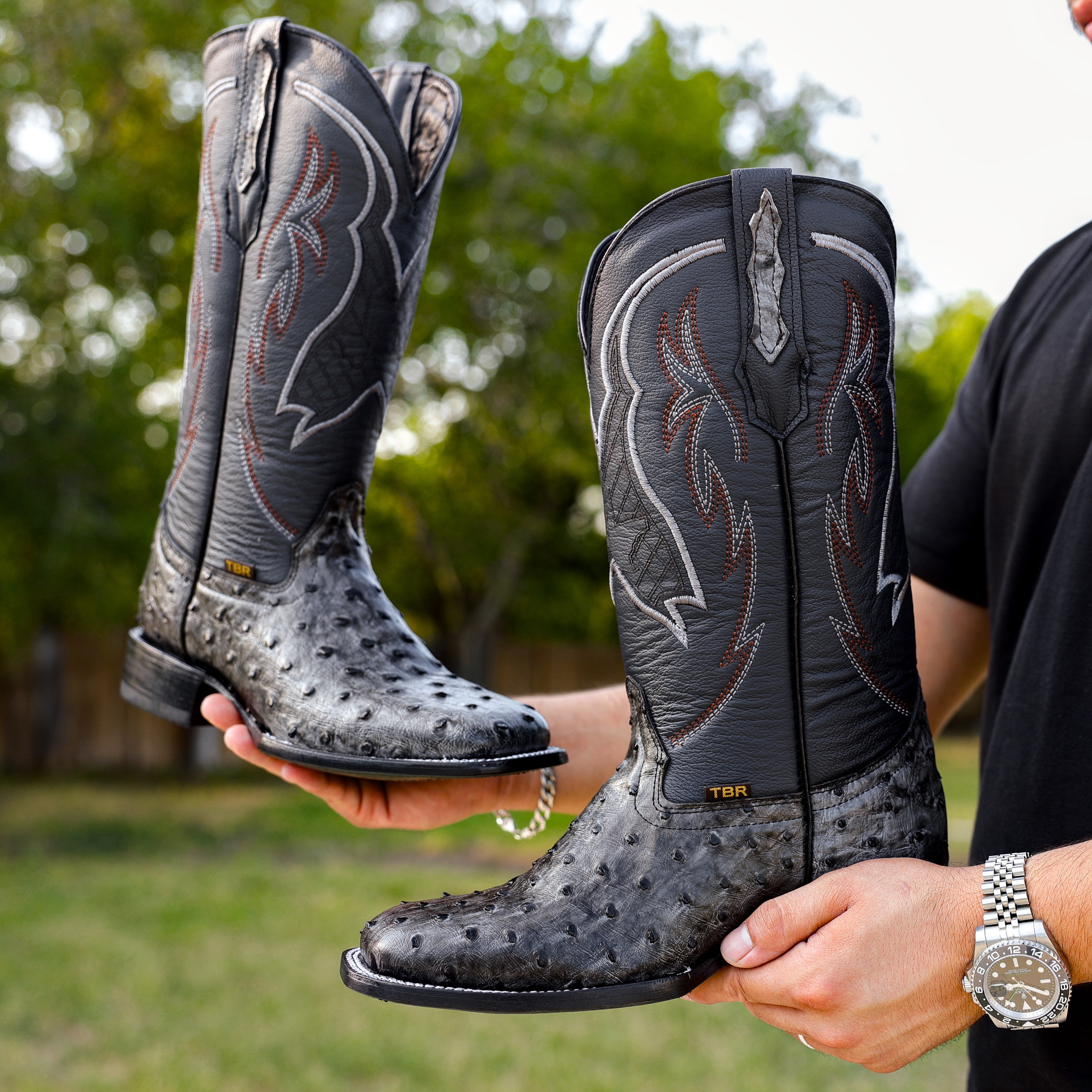 Grey Ostrich Leather Boots - Square Toe