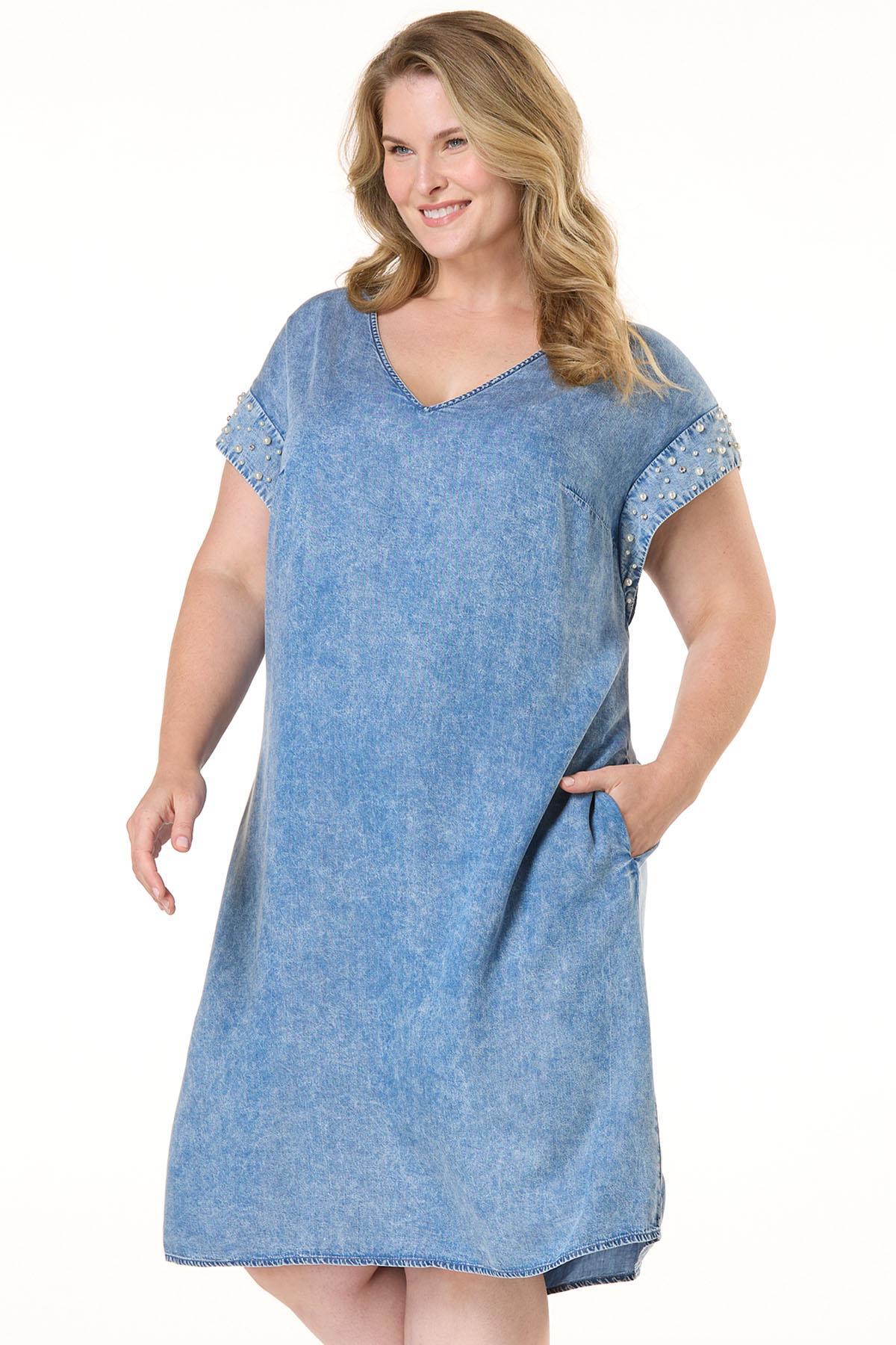 Plus Size Pearl Trim Denim Shift Dress