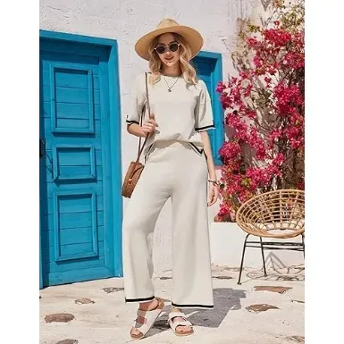 Women’s 2-Piece Knit Lounge Set – Short Sleeve Top & Wide-Leg Pants
