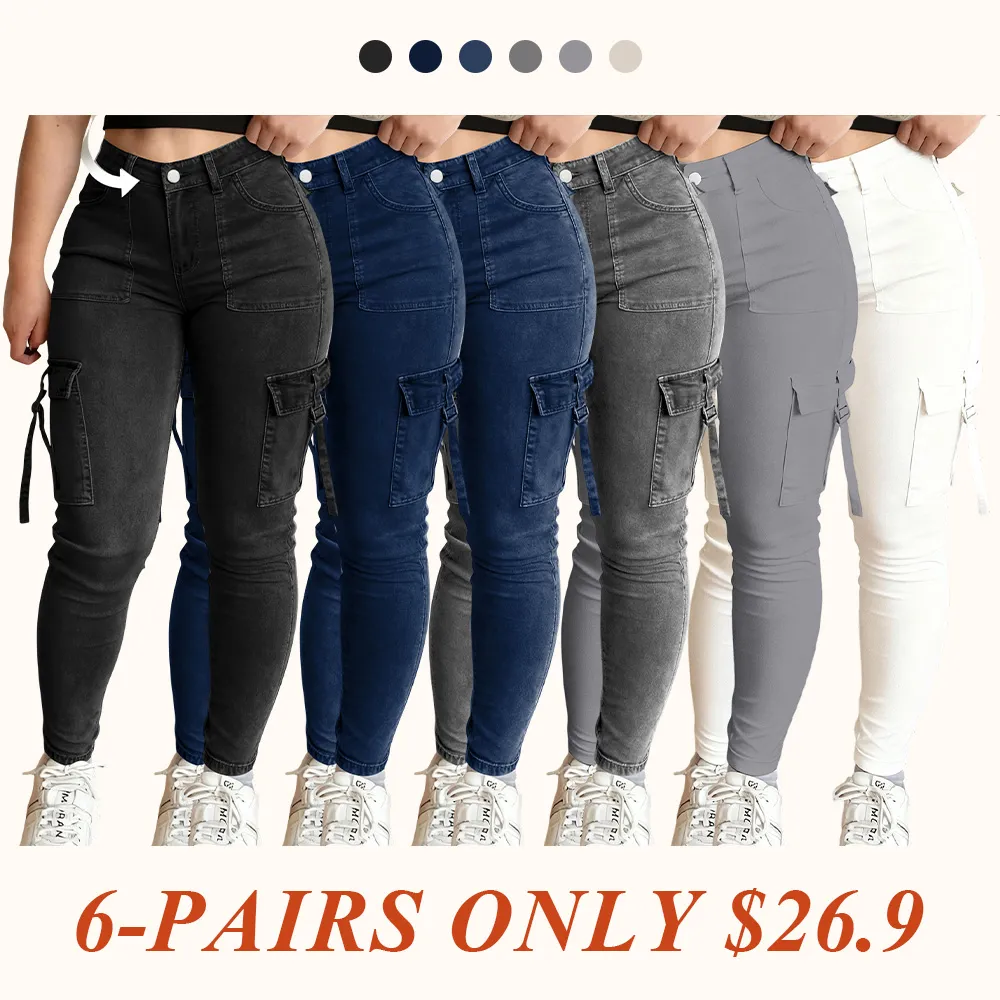 Women's Plain Multi-pocket Denim Cargo Pants