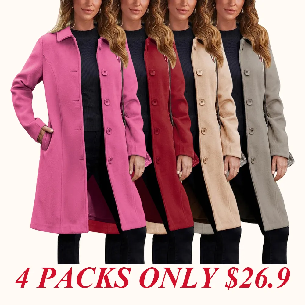 Women's Faux Wool Peacoat Single Breasted Notched Collar Trench Coat