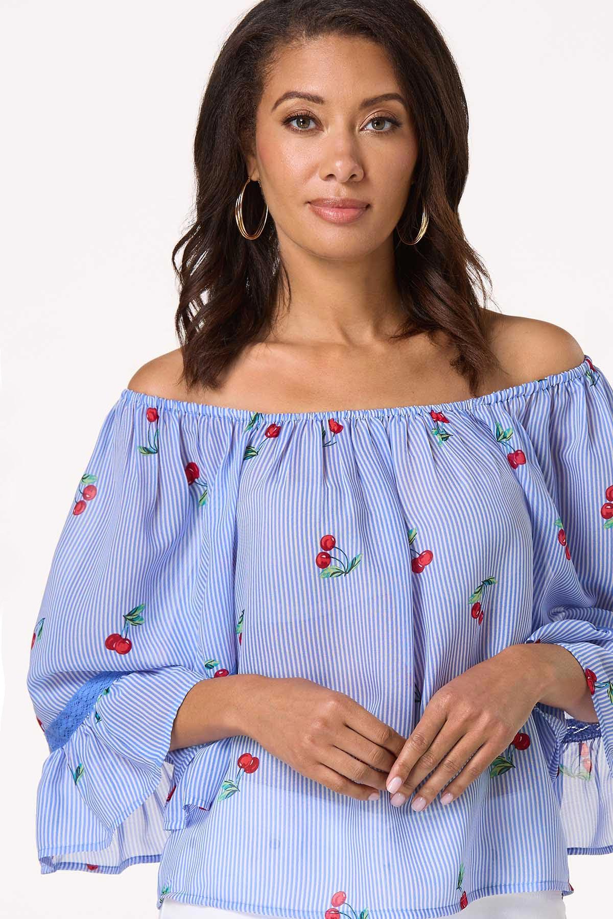 Stripe Cherry Off Shoulder Top