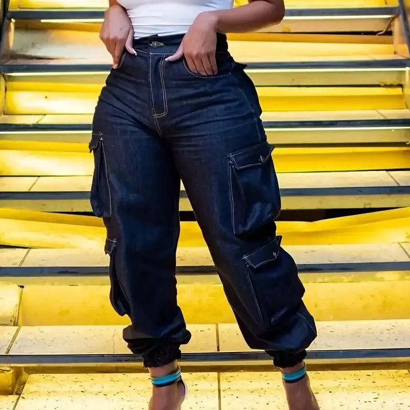 Women's Y2K High-Waist Cargo Denim Flap Pocket Pants