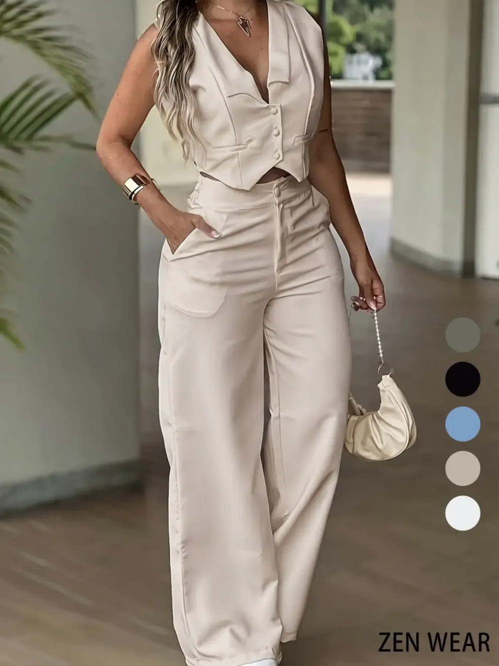 New Women's Pants Set, Sleeveless Waist Cinching Vest Set, Wide Leg Pants