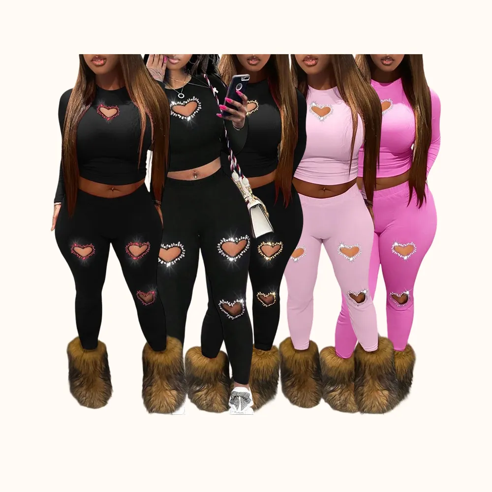 Two-Piece Set Women's Rhinestone Heart Decor Cut Out Crop Top & Skinny Pants Set