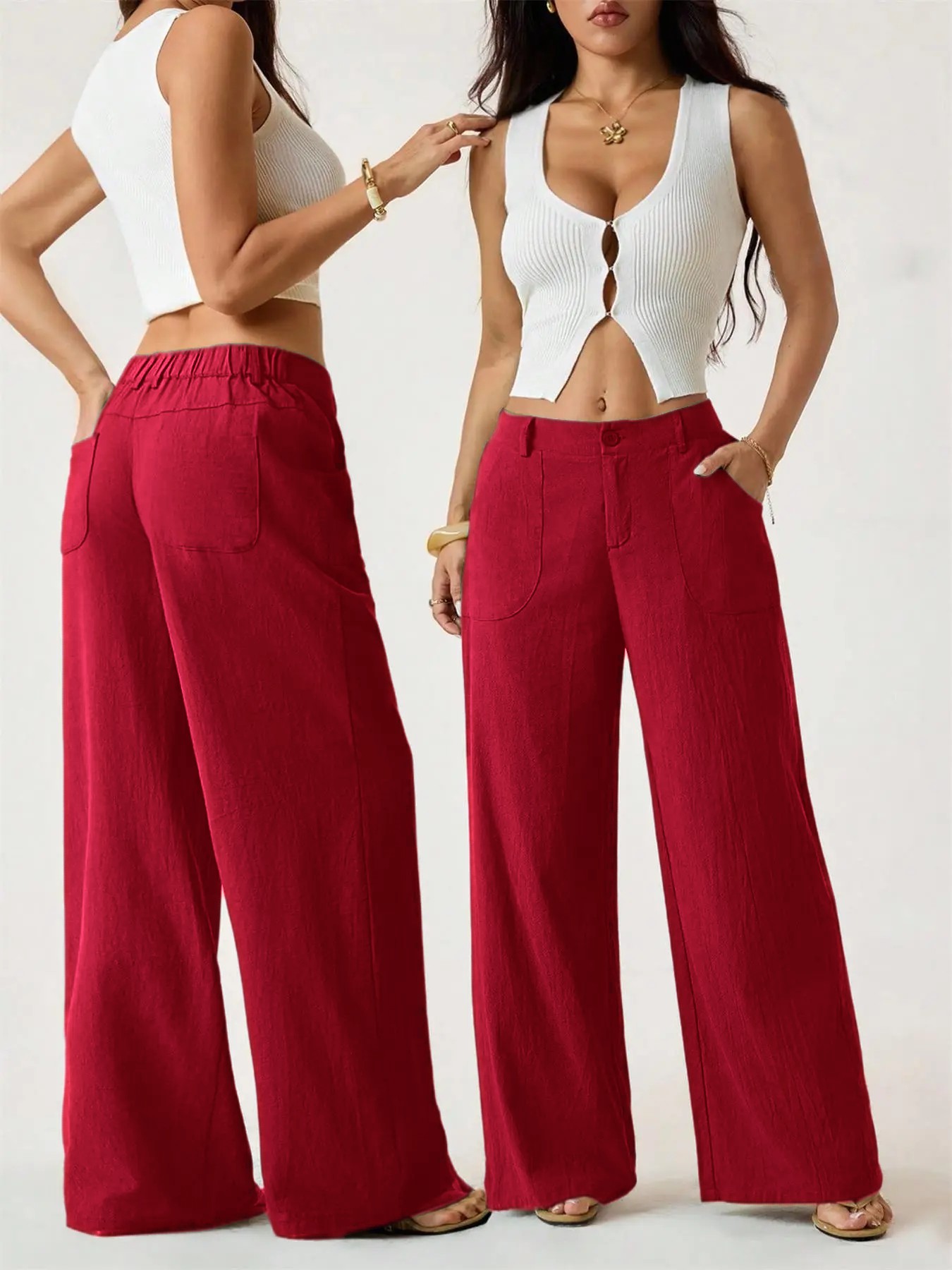 Women's Classical Linen Palazzo Pants Summer Flowy Wide Straight Leg Beach Trousers With Pocket