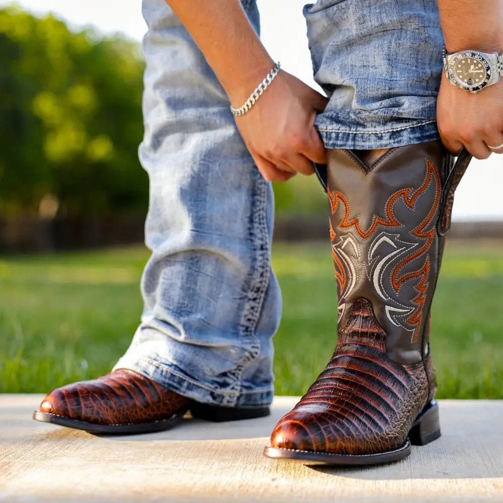 Cognac Caiman Belly Leather Boots - Round Toe