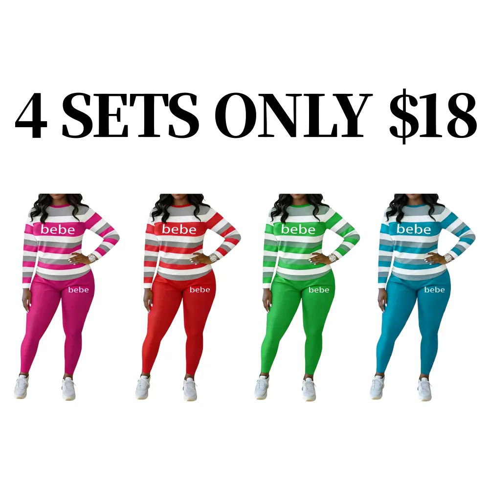 Women's Striped Bebe Letter Print Sets