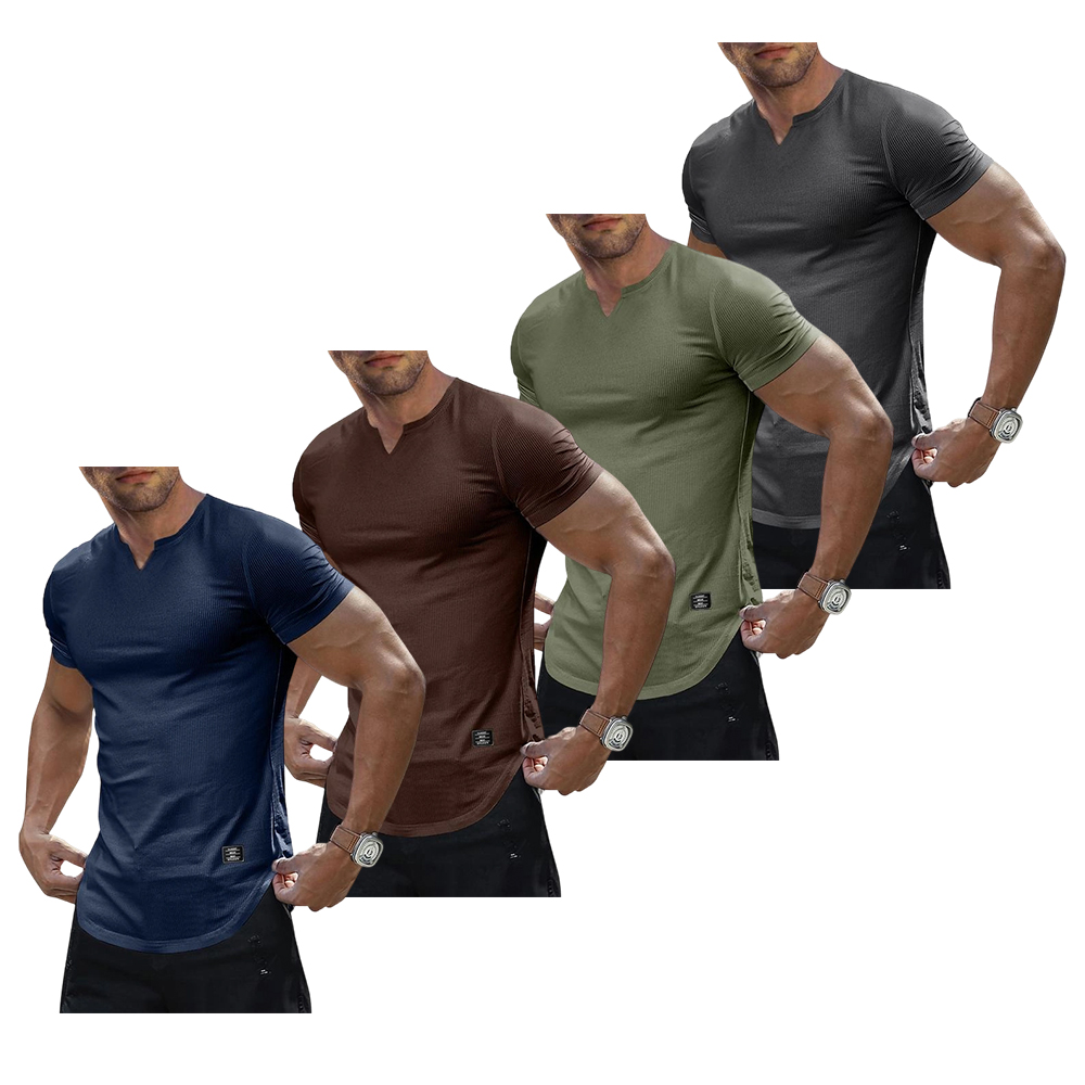 Men's Plain Muscle Slim Fitted T Shirt Polyester V-Neck Longline Shirt