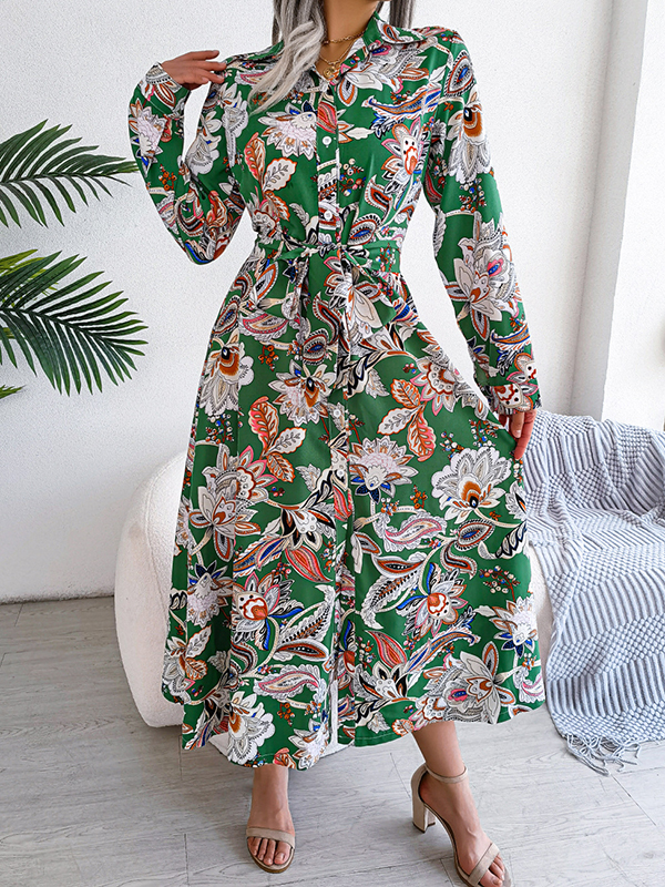Buttoned Flower Print Tied Waist Long Sleeves Lapel Maxi Dresses