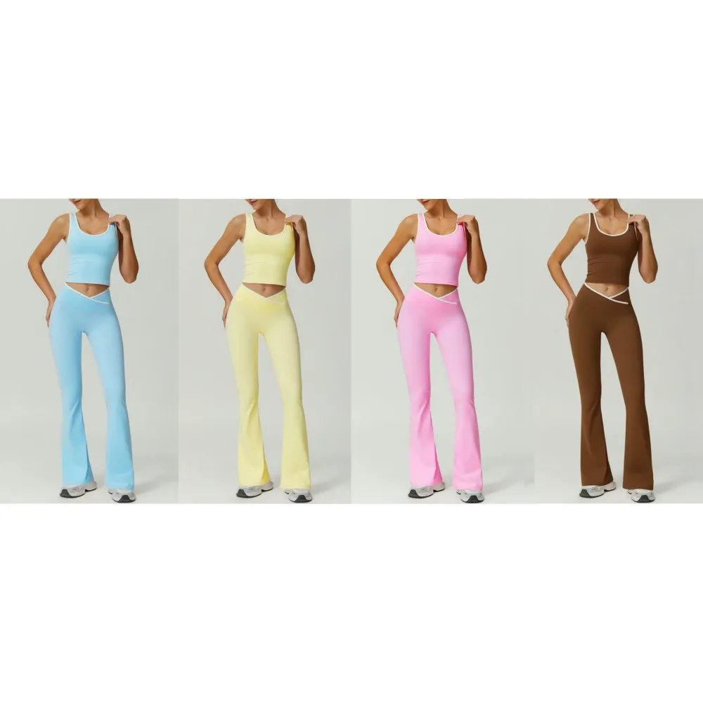 Womens Colorblock Tank Top & Flare Leg Pants Tracksuit Set