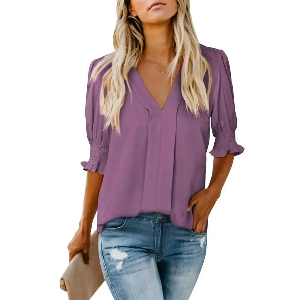 Womens Graphic Solid V Neck T Shirts Tops Casual Ruffle Short Sleeve Blouses Boho Floral