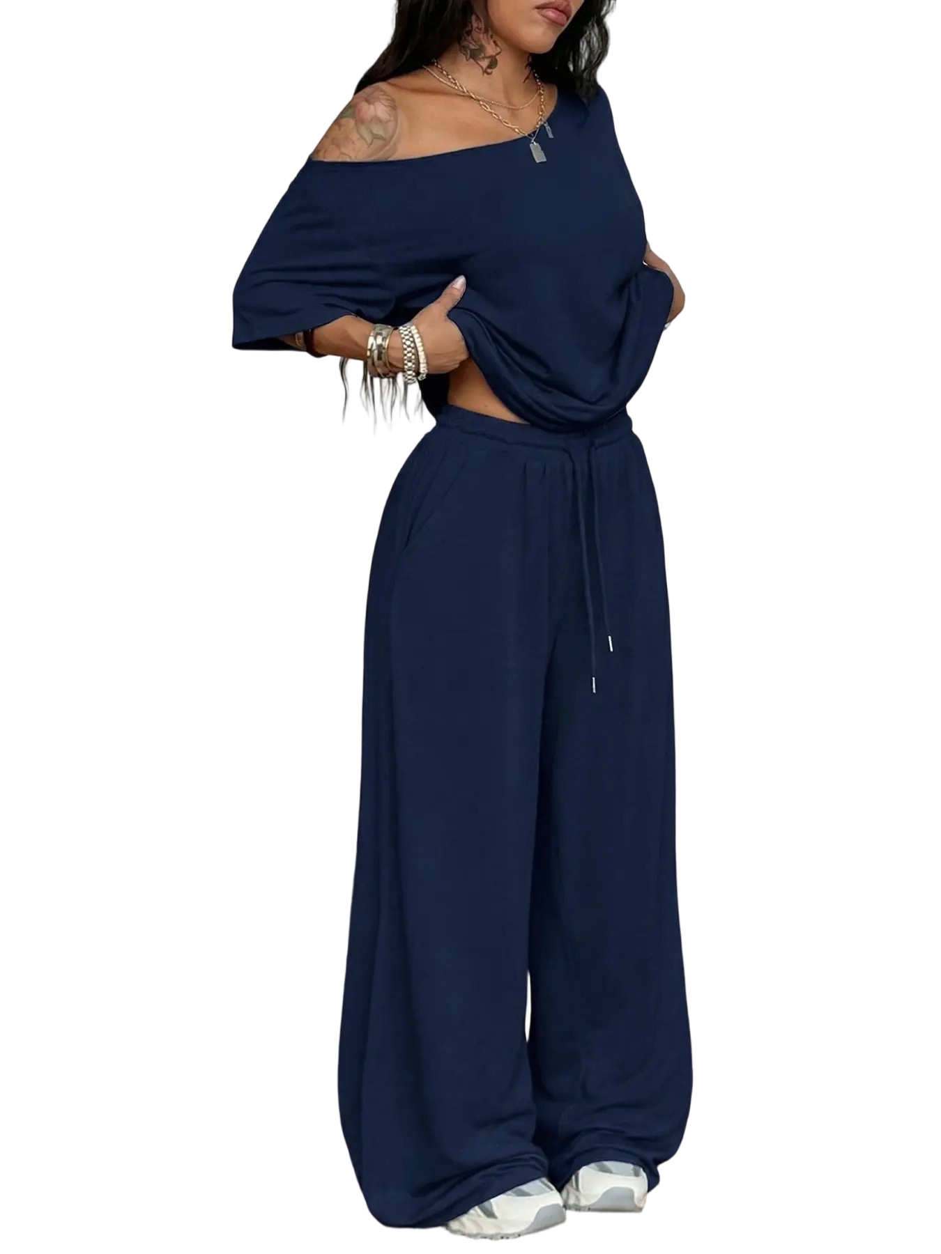 Women's Minimalist Basic Daily Wear Casual Going Out Sport Comfortable Off Shoulder T-Shirt And Wide Leg Pants Two Pieces Outfits