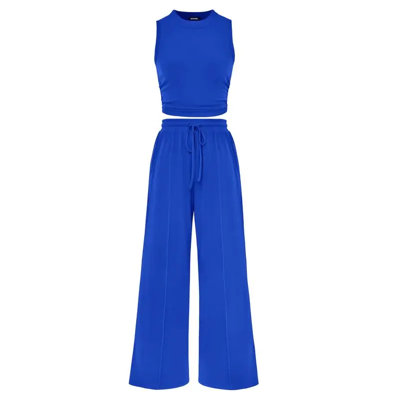 Women's Summer 2-Piece Outfits - Ribbed Knit Crew Neck Sleeveless Cropped Top & Wide Leg Pants Lounge Set