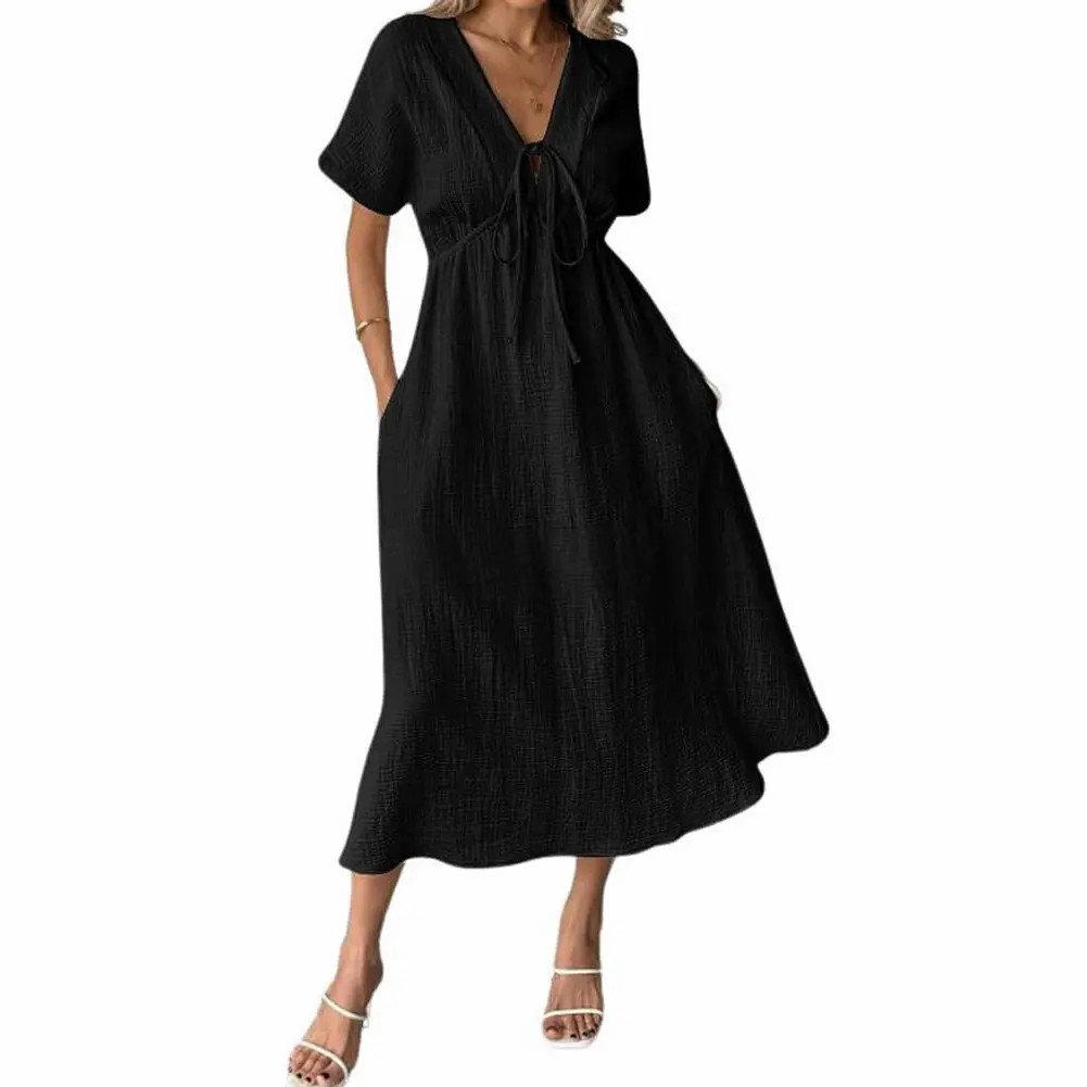 Women's Cotton V-Neck Bohemian Dress – Loose Fit Beach Dress with Pockets