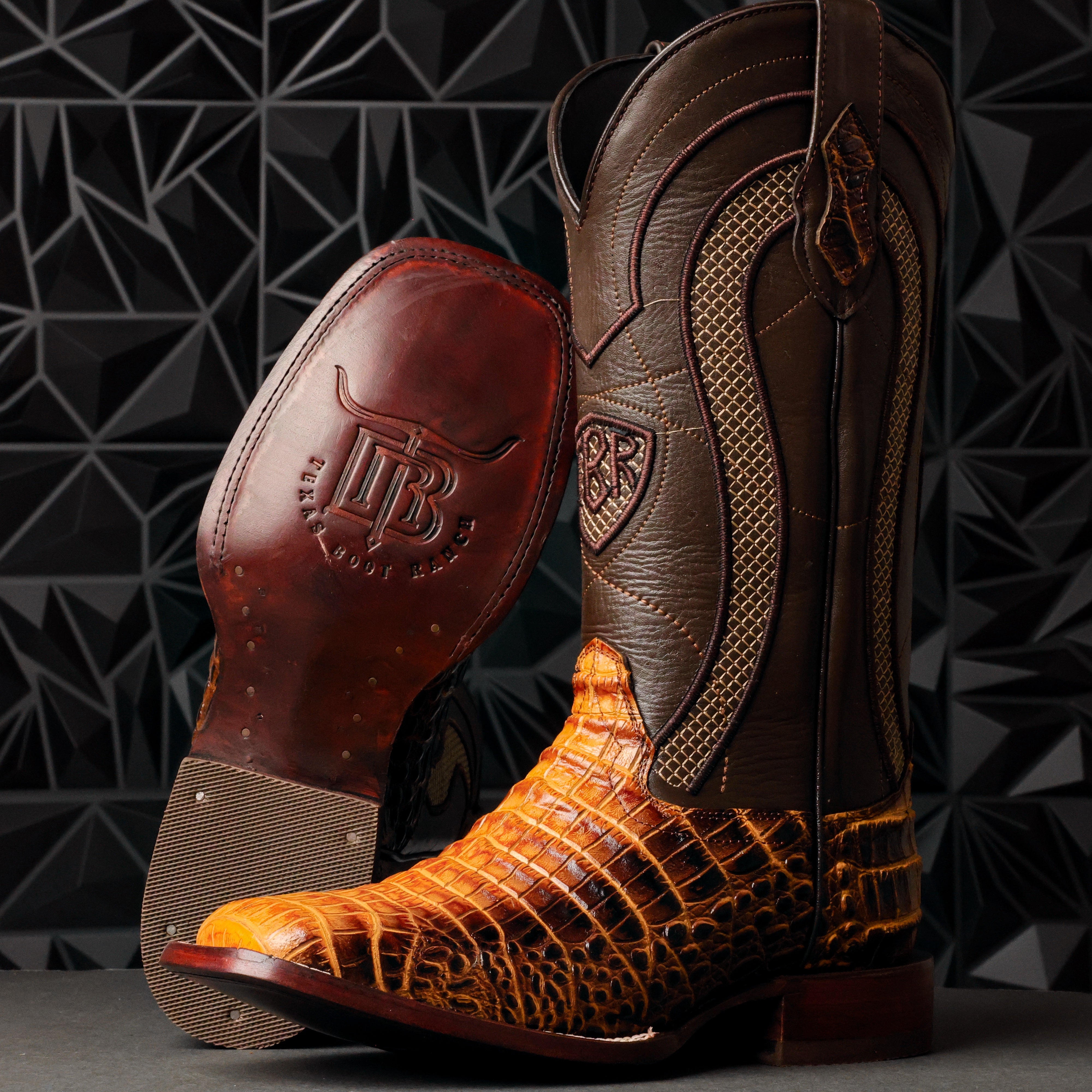 Two-Tone Caiman Belly Leather Boots - Square Toe