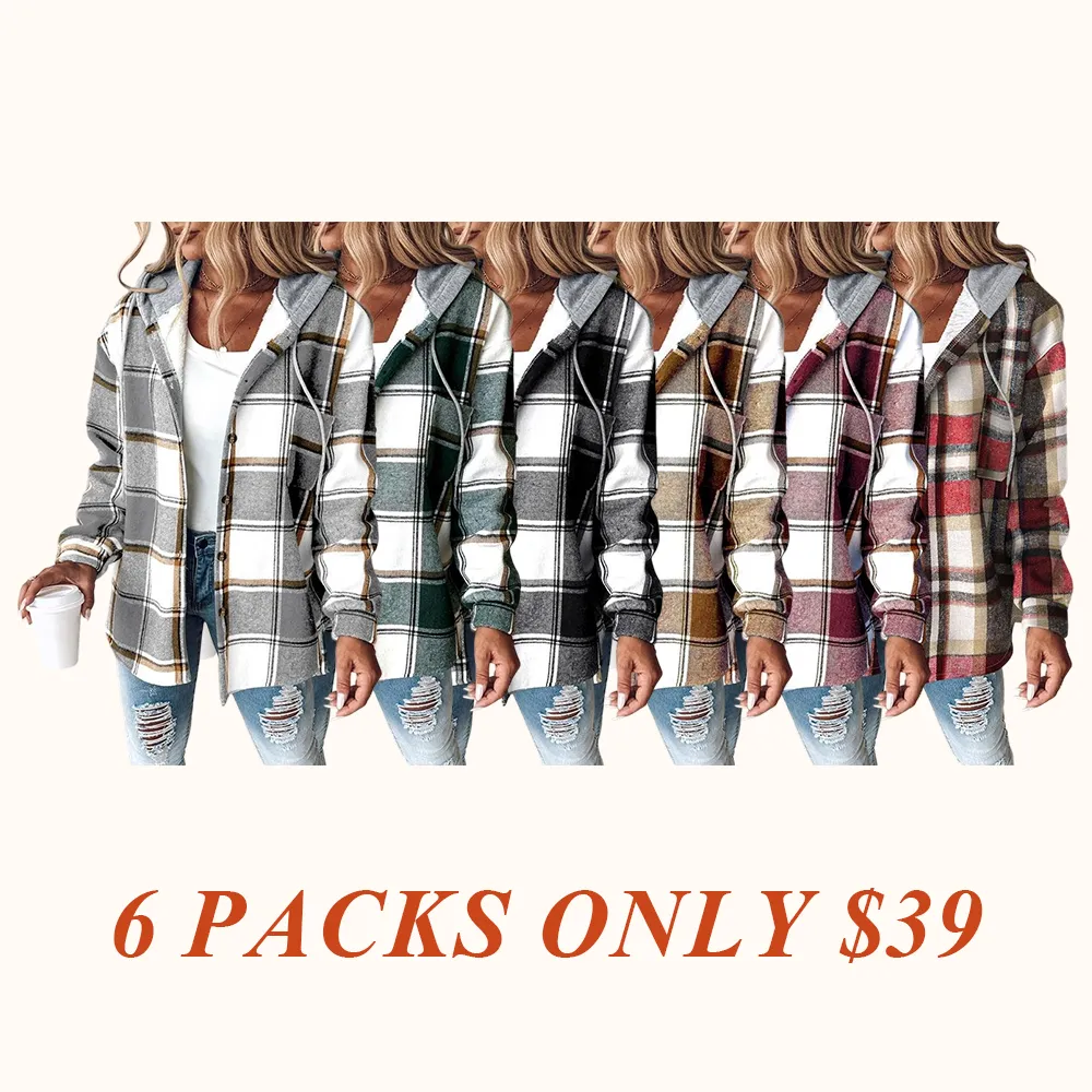 Women's Plaid Pattern Long Sleeve Shacket Button Down Fleece Lined Hooded Jackets Warm Coat