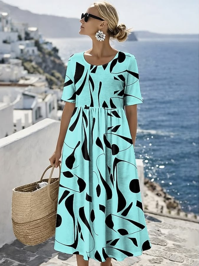 Women's Casual Round Neck Half Sleeve Striped Contrast Print Dress- Fast Shipping