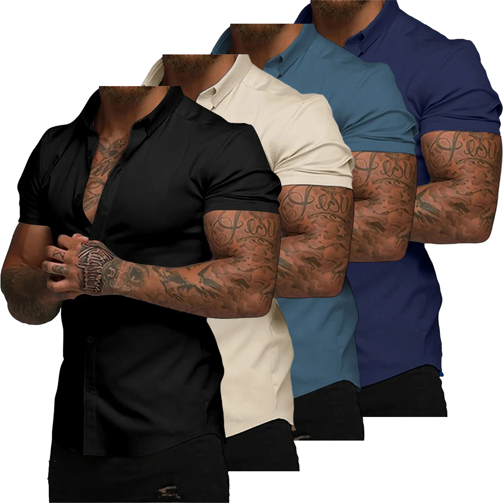 Mens Muscle Fit Dress Shirts Casual Button Down Shirt Short Sleeve Wrinkle-Free Shirts