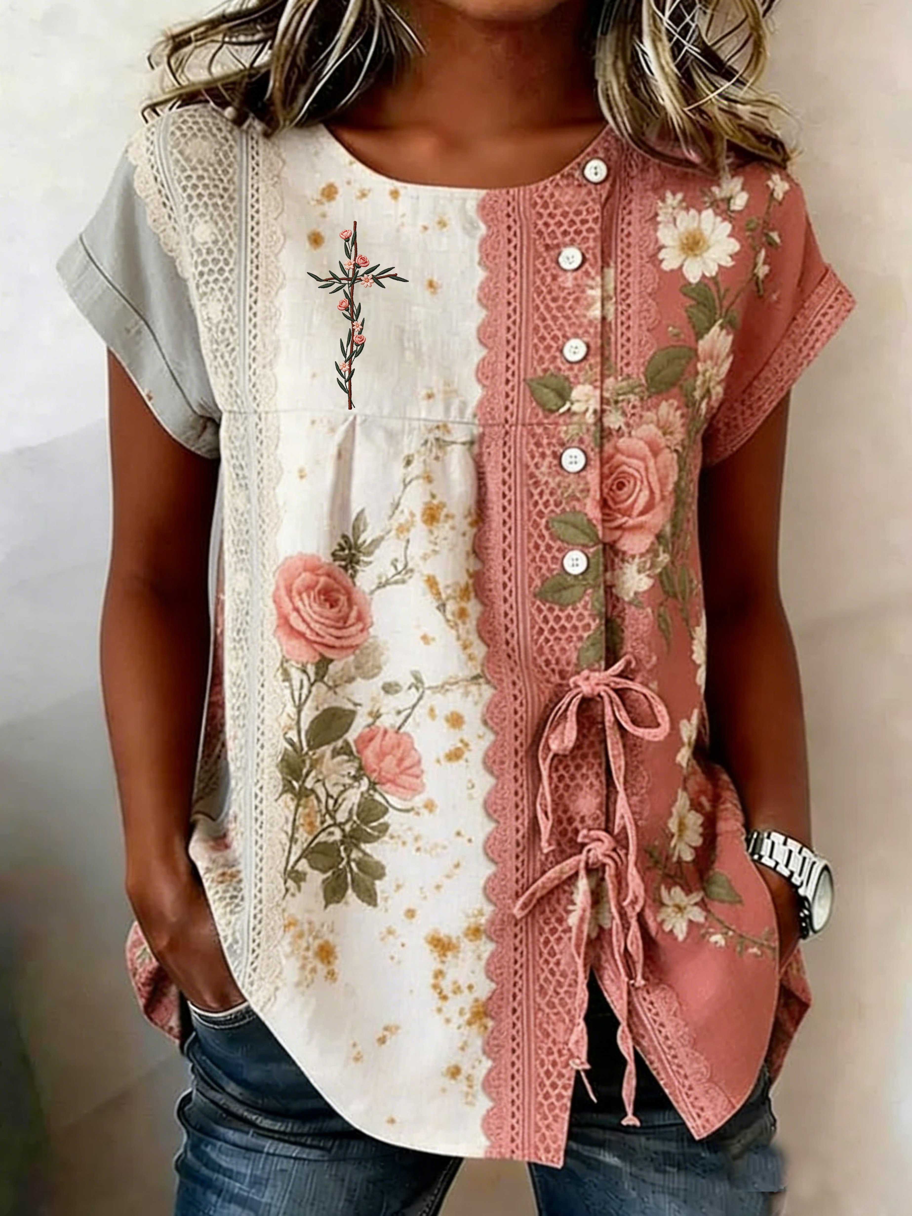 Women's Retro Floral Print Top