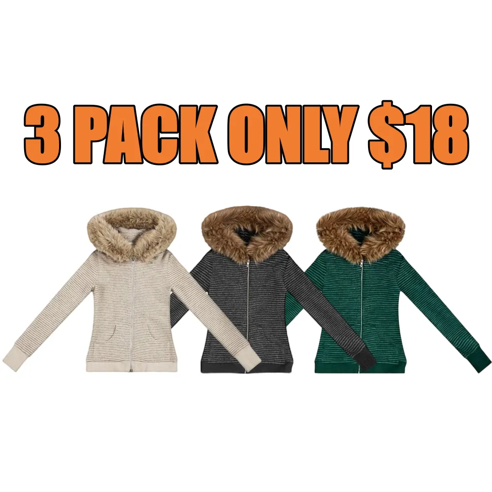 Women’s Striped Fur Collar Zip Hoodie
