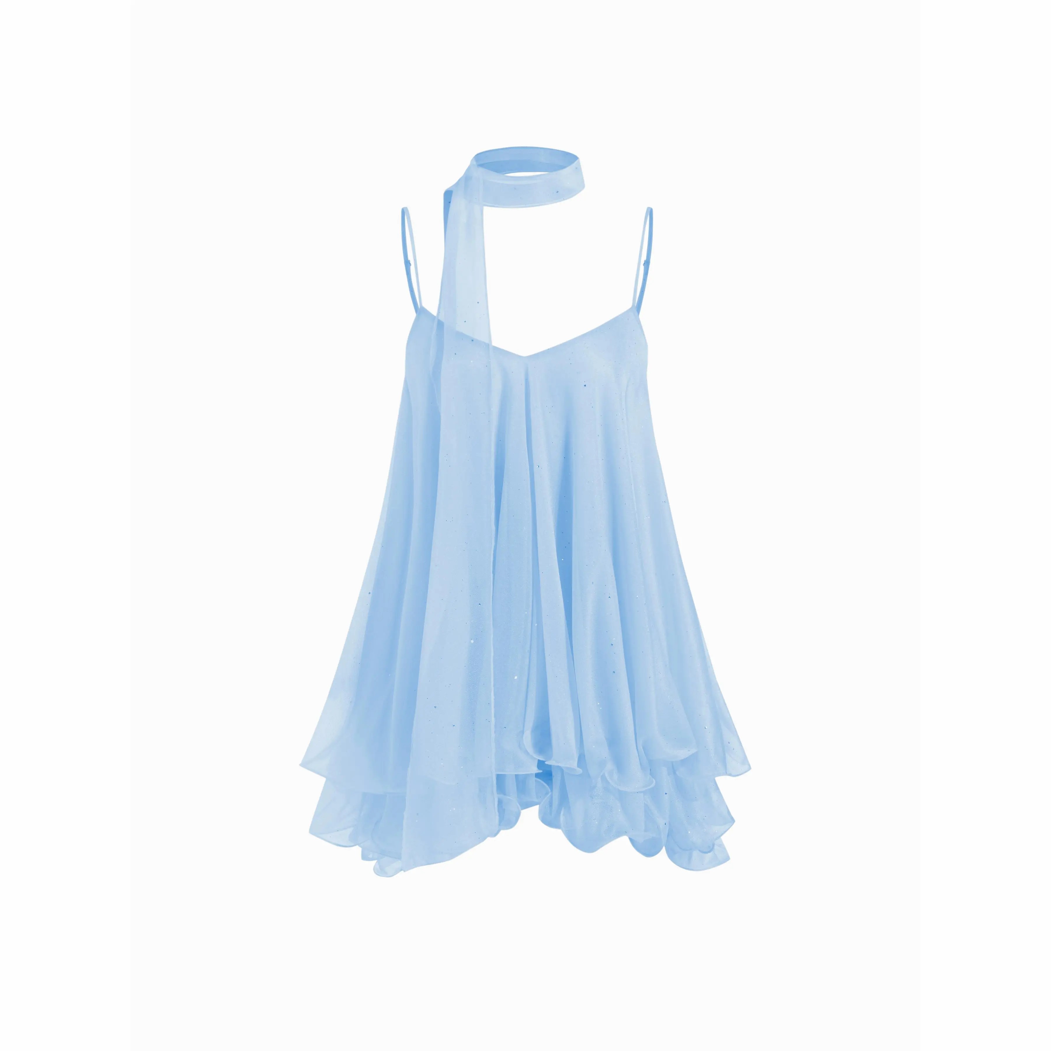 Women's Sequin V-Neck Halter Mini Dress – Ruffled Hem with Scarf