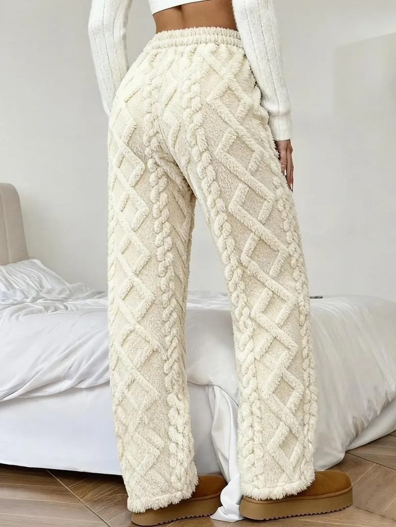 Women's Winter Lined Casual Pants - Jacquard Fabric & Drawstring Waist