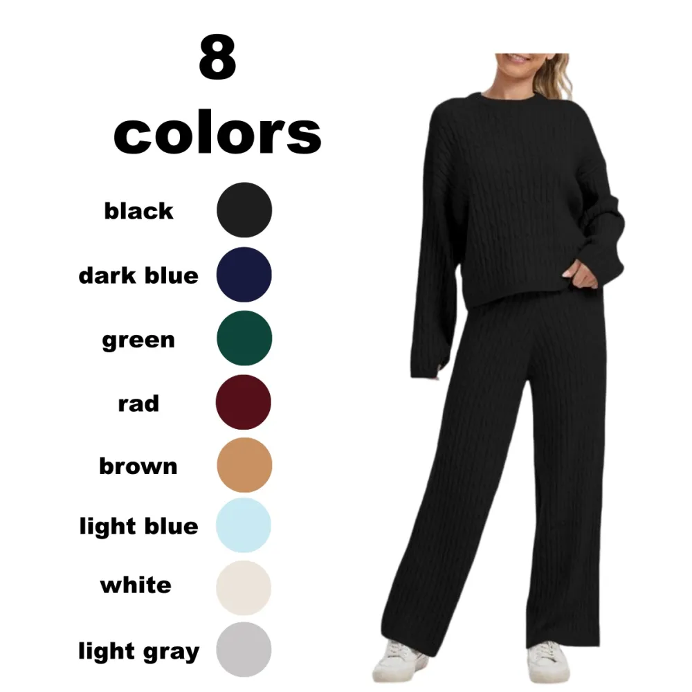 Women's Cable Knit Lounge Set - Long Sleeve Pullover & Wide Leg Pants