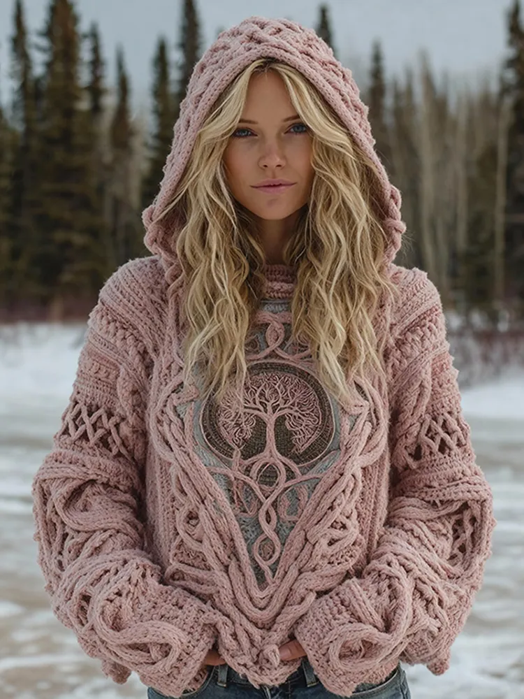 Women's Vintage Viking Tree Of Life Celtic Knot Cozy Knit Hooded Sweater