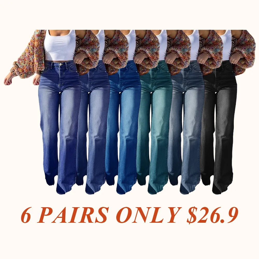 Women's Elastic Washed Casual Light Blue Wide-Leg Jeans