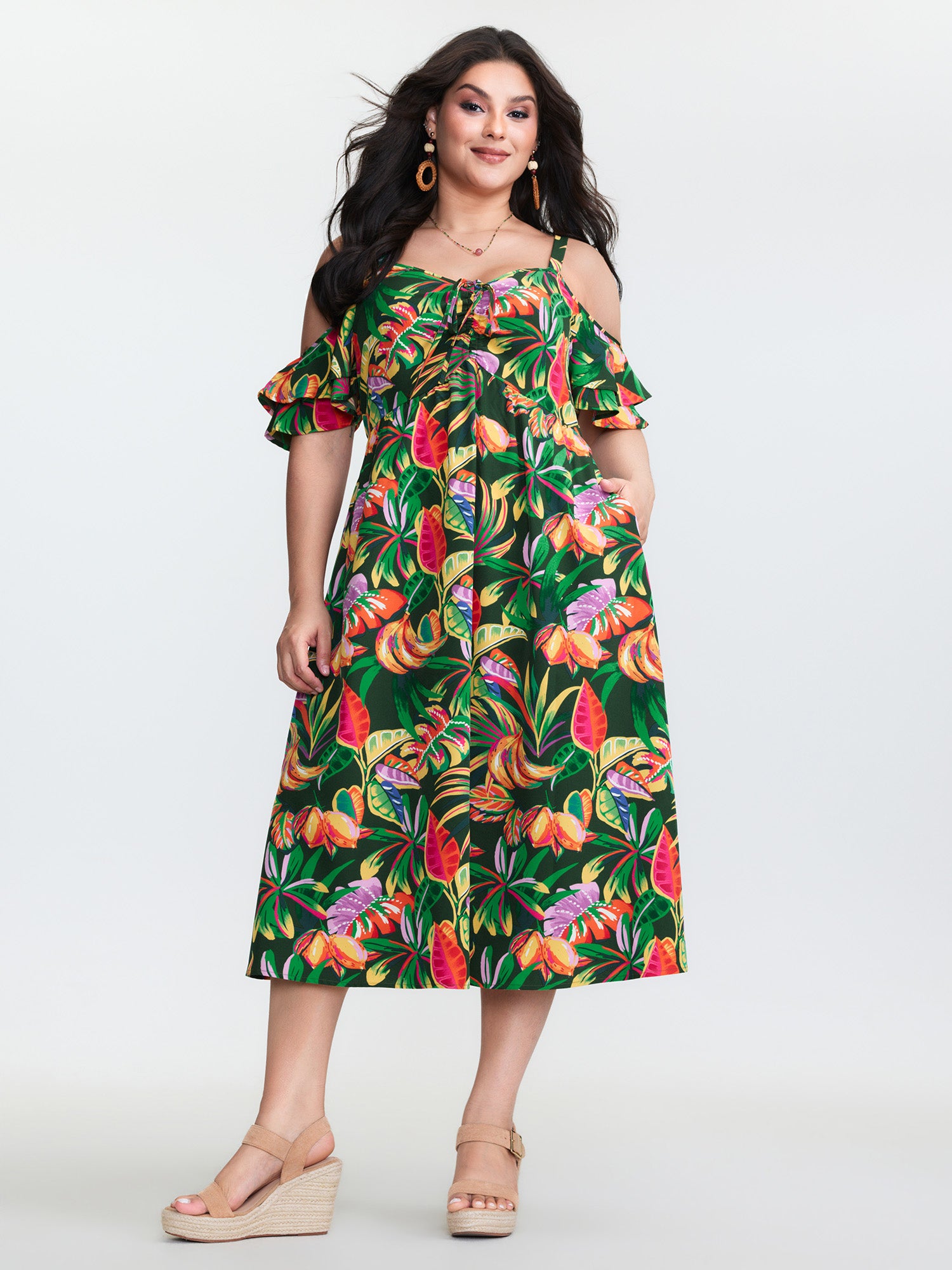 Vibrant Tropical Print Off-Shoulder Midi Dress