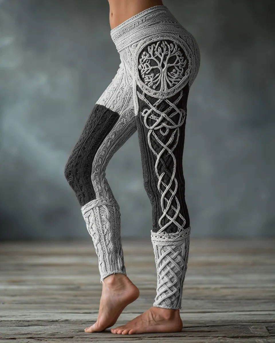 Vintage Viking Tree Of Life Celtic Knot Art Knit Jacquard Cozy Leggings