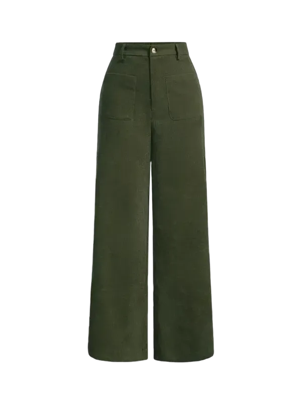Women's solid color wide-leg pants with pockets and buttons