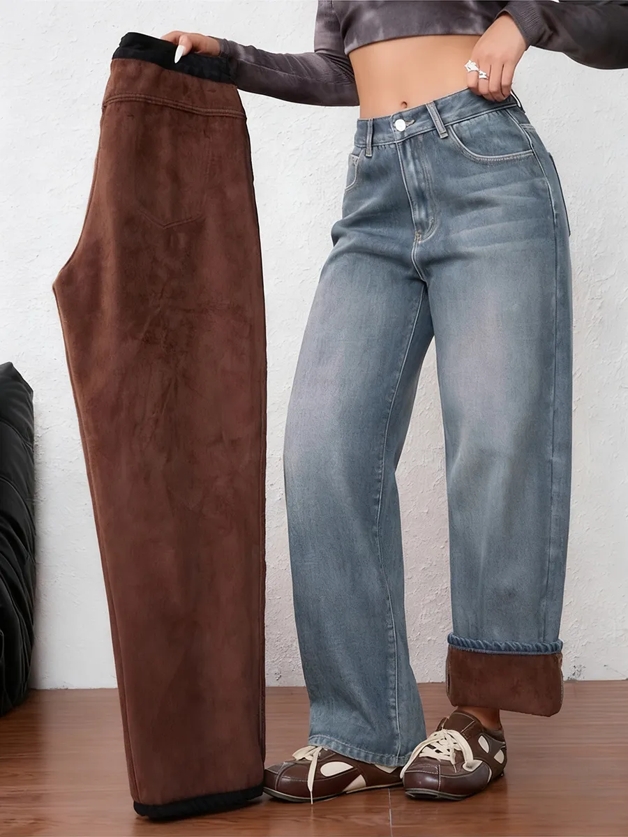Women's Vintage Fleece-Lined Thickened Fall Winter Wide Leg Jeans