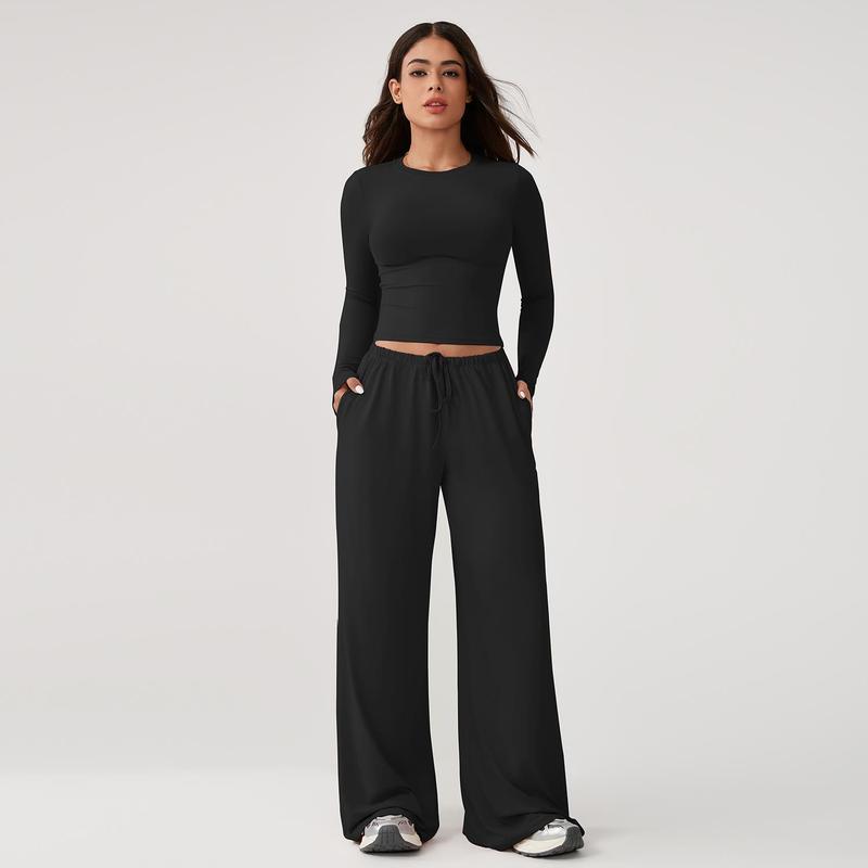 Women’s Long-Sleeve Crop Top & Wide-Leg Pants Activewear Set