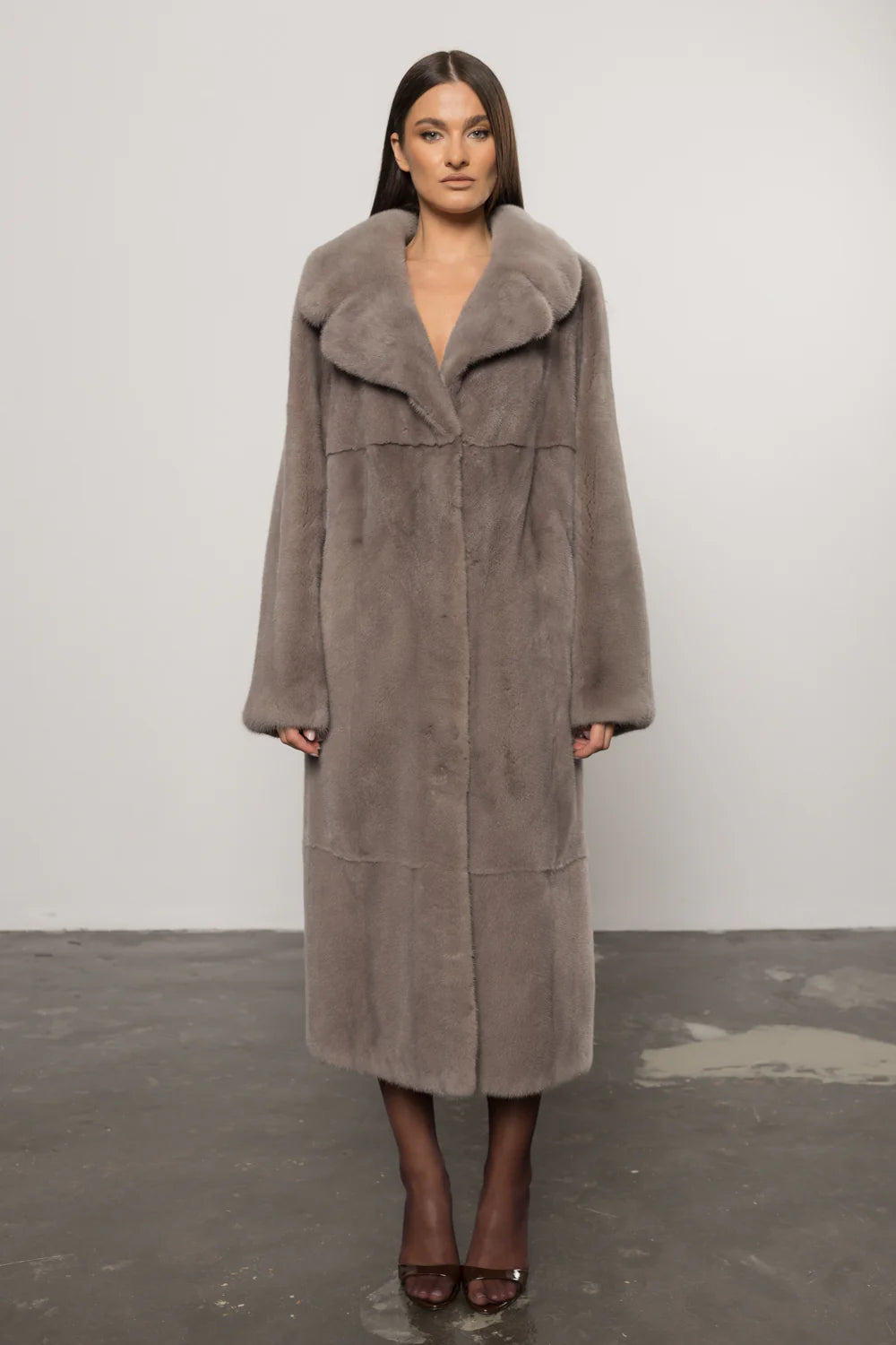 Palton din Blană Naturală de Vizon, cu Guler Rever, Femei, Pearl Grey 429