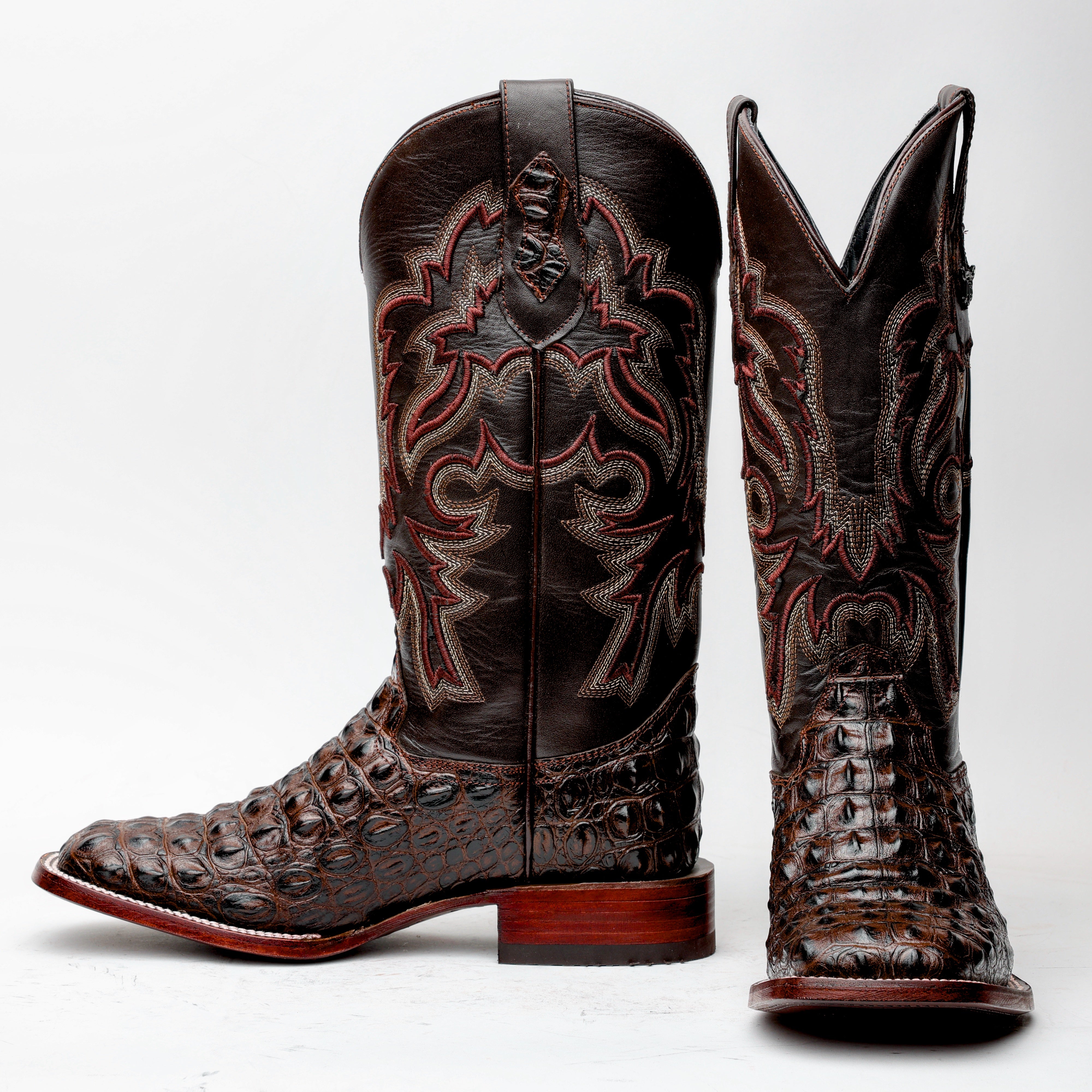Brown Caiman Hornback Leather Boots - Square Toe