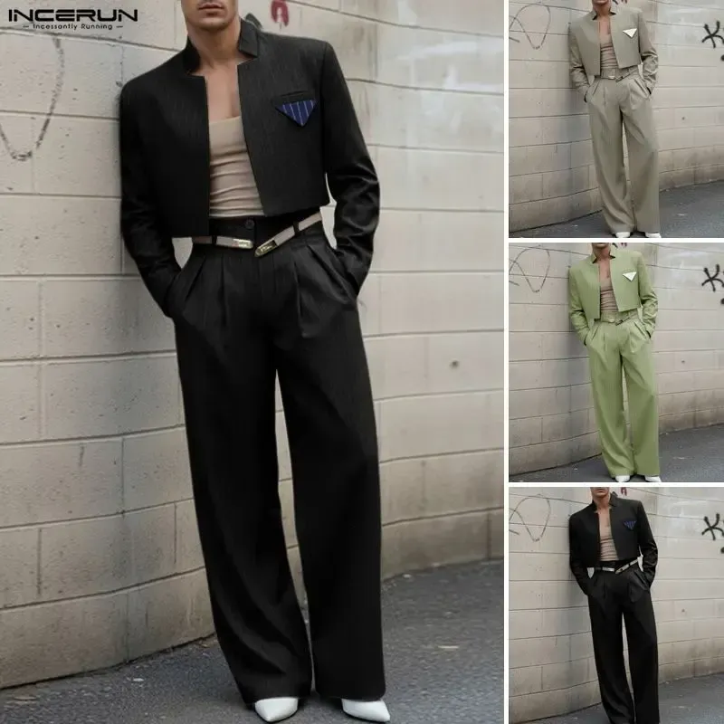 Men's Pinstripe 2-Piece Set Cropped Blazer & High Waist Wide Leg Pants Suit