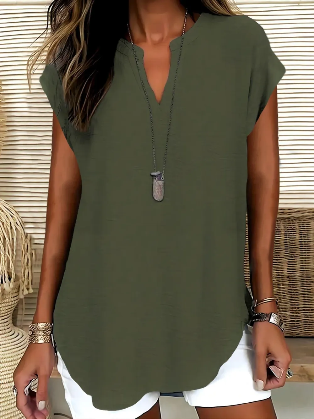 Women's Plain Notched Neck Blouse, Casual Elegant Basic Top for Summer