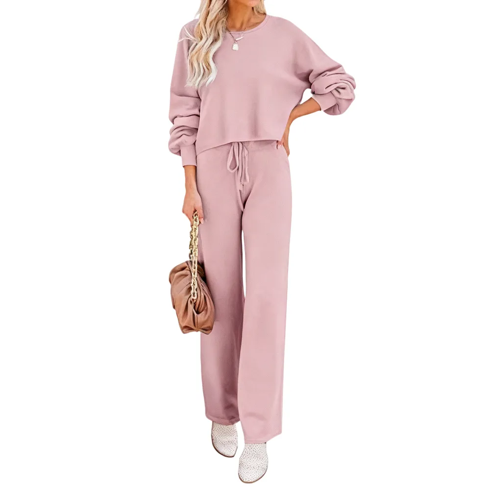 Womens Fall Winter Casual Solid Knitted 2 Piece Sets Long Sleeve Hoodie