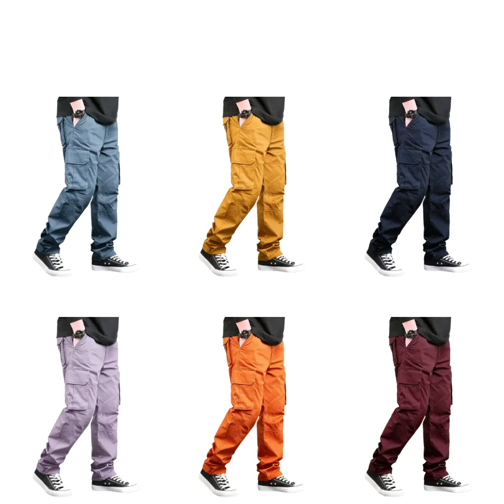 Men's loose-fitting, solid-color casual cargo pants with slanted side pockets and a drawstring waist