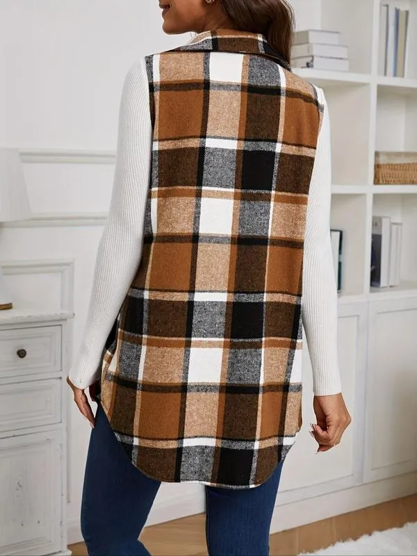 Women's Plaid Print Button Front Vest Coat