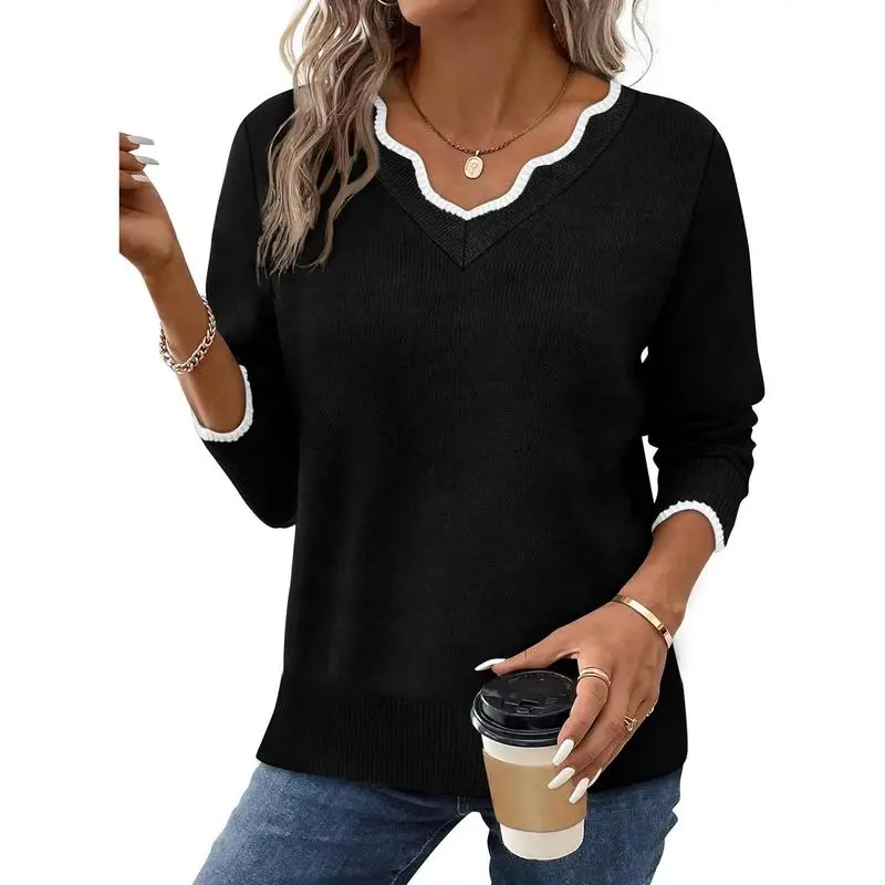 Women's Soft V-Neck Pullover Sweater Lightweight Knit Top for Layering Casual Apricot Longsleeves