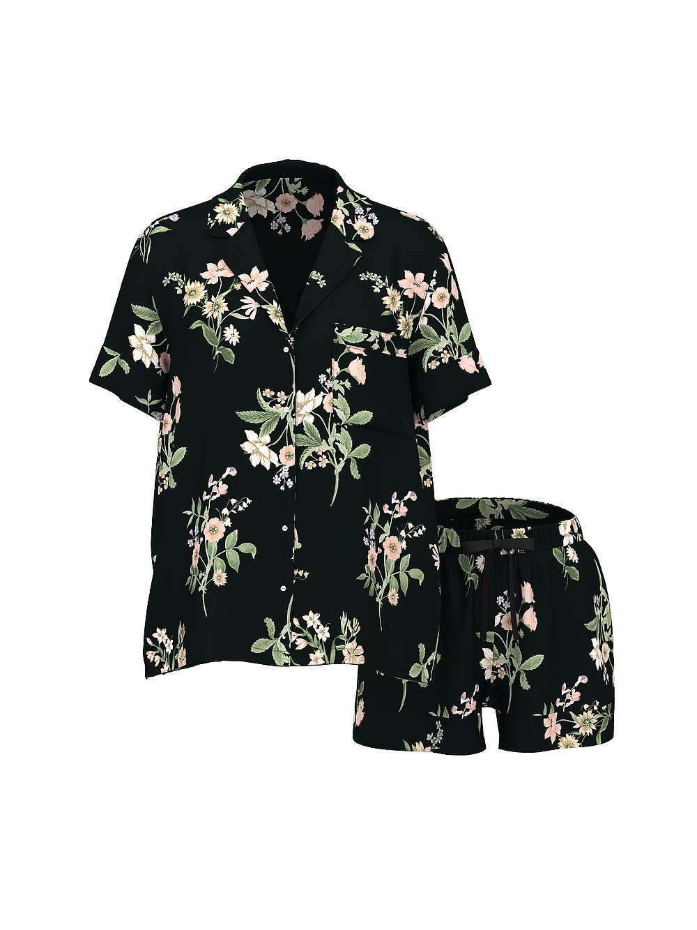 Signature Satin Short Pajama Set Black Botanical
