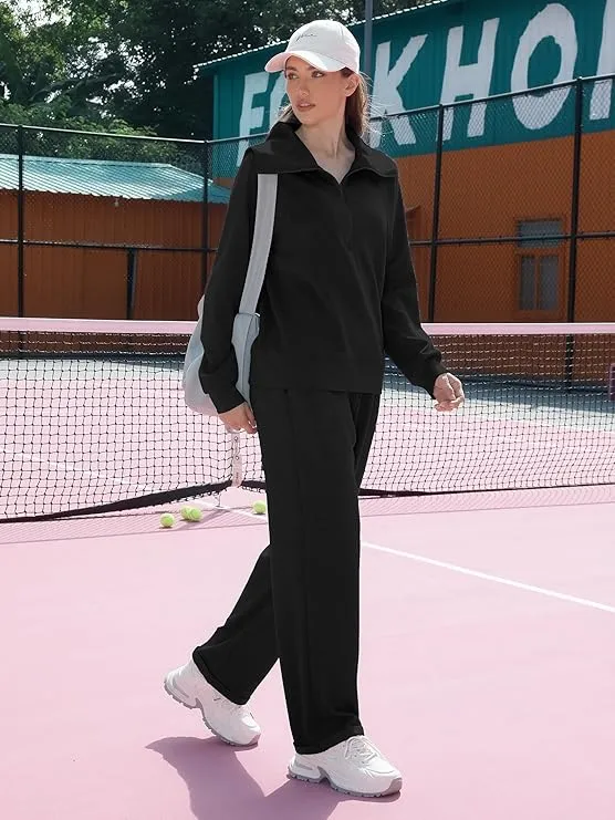 Women's Casual Set 2025 Collection Half-Zip Sweatshirt and Wide-Leg Pants