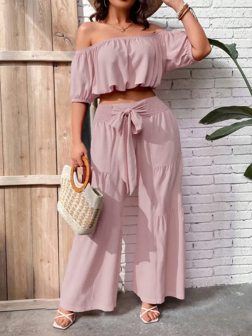 Women's Solid Color Top & Wide Leg Pants Set, Casual Off Shoulder Top & Palazzo Pants for Summer